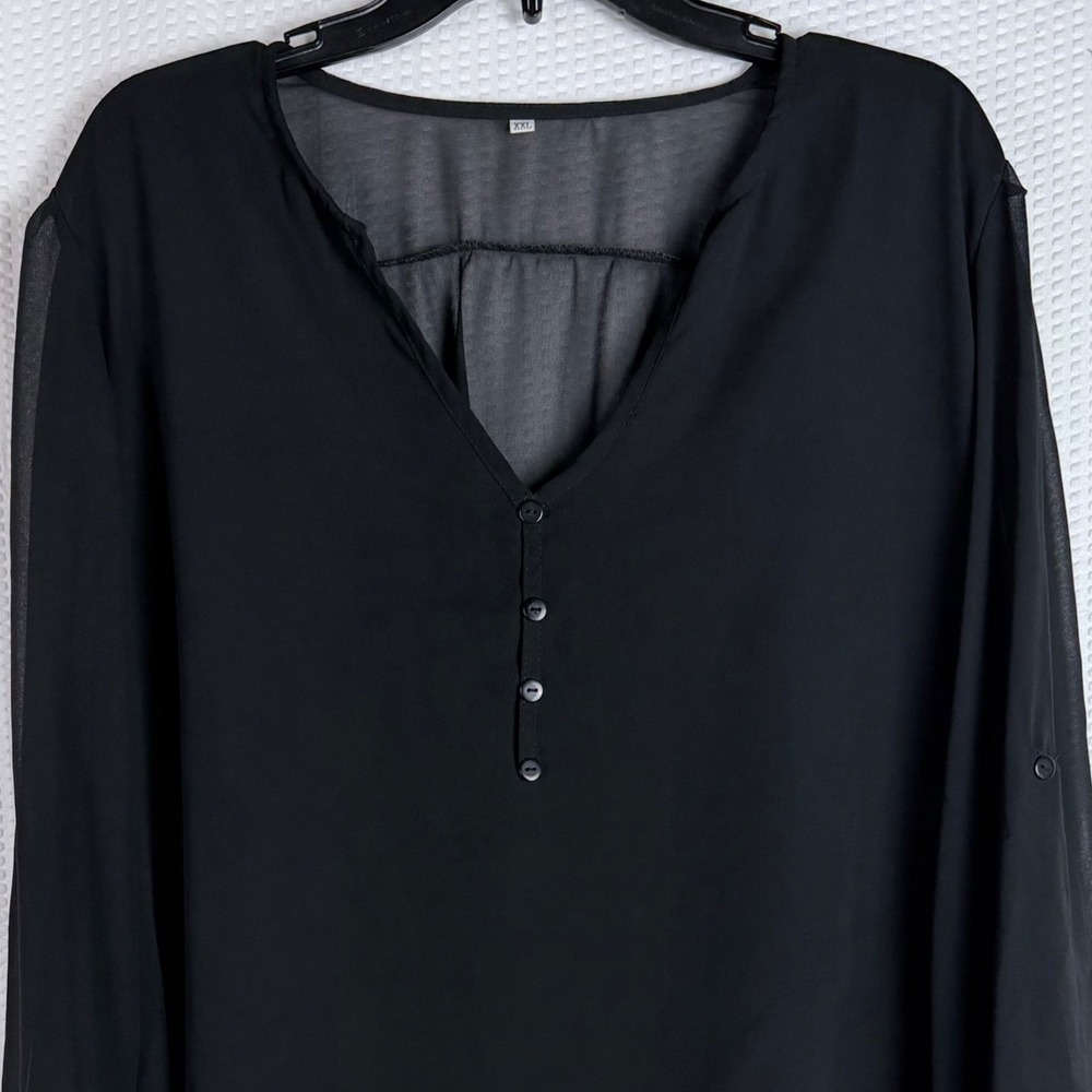 Unbranded Black Chiffon V-Neck Roll-Tab Sleeve High-Low Blouse‎ XXL Sheer Back